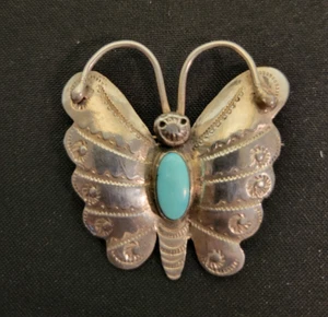 Vintage Navajo Butterfly Brooch Pin Sterling Silver And Turquoise  - Picture 1 of 6