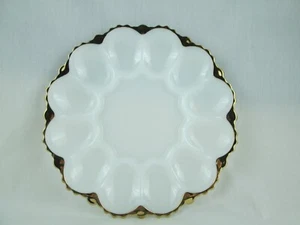 Vtg 50's White Anchor Hocking Milk Glass 22 kt Gold Trim Deviled Egg Plate 9" - Picture 1 of 5