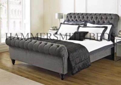 charcoal Stylish Sleigh Chesterfield Upholstered Designer Crushed Velvet Bed  - Image 1 of 4
