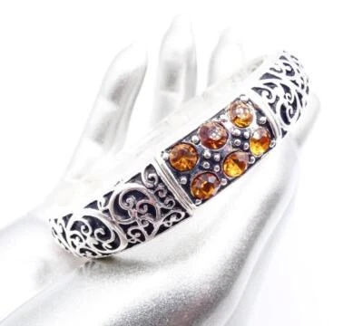 CLASSIC Designer Brown Crystals Silver Plated Black Filigree Stretch Bracelet - Image 1 of 4