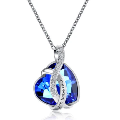 DAMEN HALSKETTE HERZ ANHÄNGER BLAU HERZ KETTE ZIRKONIA GRAVUR GESCHENK LIEBE NEU - Bild 1 von 4