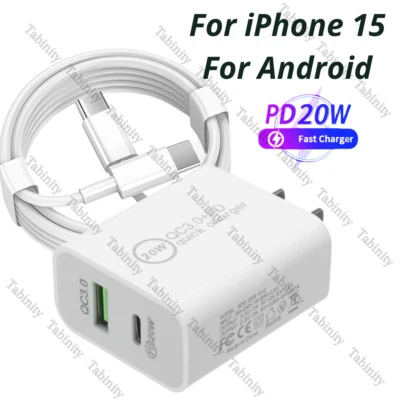 20W Fast Charger Wall Adapter USB Type C Cord For iPhone 15 iPad Air Pro Android - Image 1 of 4