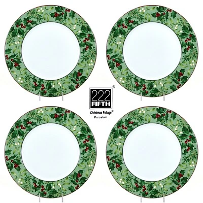 222 Fifth CHRISTMAS FOLIAGE 10.75" Dinner Plate Set 4 Holly Mistletoe Green Red - Image 1 of 4
