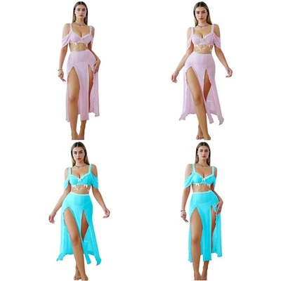 Mujer Princesa Árabe Danza del Vientre Conjunto Top Alta Ranura Malla Falda y Tanga T-back Foto 1 de 3