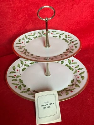 LENOX 2 TIER Christmas Holiday Holly Berries Serving Plate Tray Gold Trimp - USA - Image 1 of 4
