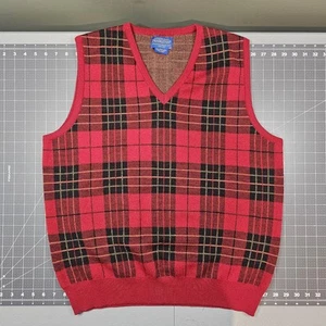 Pendleton Vest Large Merino Wool Plaid V Neck Red Tartan Sweater Retro Preppy - Picture 1 of 8