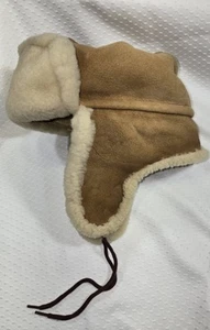 Vintage 1960s USA Made Shearling Sheepskin Suede Leather Size S TRAPPER Hat - Picture 1 of 14