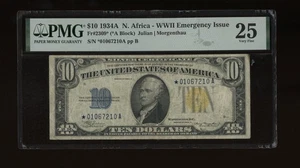 DBR 1934-A $10 North Africa Silver STAR Fr. 2309* PMG 25 Serial *01067210A - Picture 1 of 2