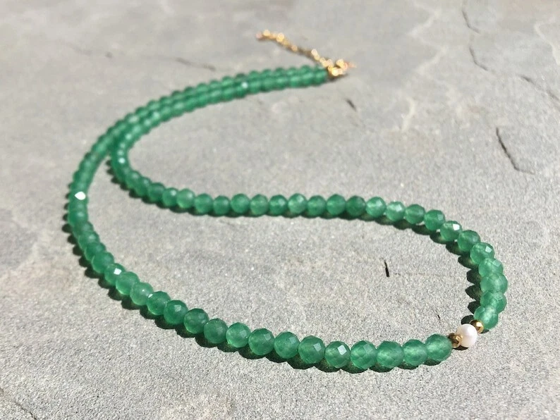 A++ Dainty Green Aventurine & Peral Faceted Round Gemstone Beaded Necklaces 18'' - Image 1 of 4