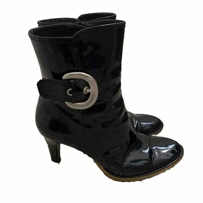 STUART WEITZMAN Black Patent Leather Silver Buckle Heeled Ankle Boots 6M Rubber - Image 1 of 4