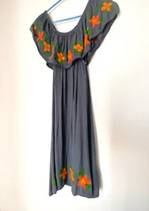Off The Shoulder Mexican style Bright orange Embroidered Flowers Dark Blue Dress - Picture 1 of 7