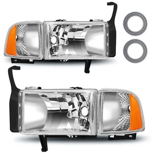 Headlights For 1994-2002 Dodge Ram 1500 2500 3500 Chrome Housing Headlamps Pair - Picture 1 of 9