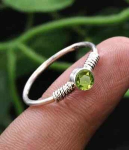Silver Ring, Peridot Ring, Tiny Band Ring, Midi Stacking Ring, Daily wear Ring, - Picture 1 of 3