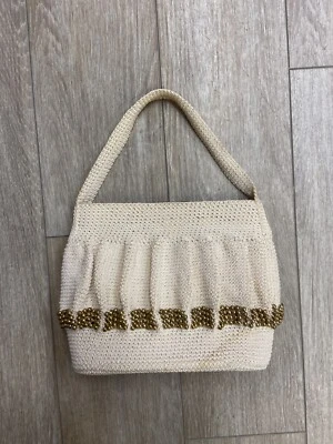 1940s White Crochet Cord Purse with Brass Bead Embellishment Flex Frame Closure - Image 1 of 4