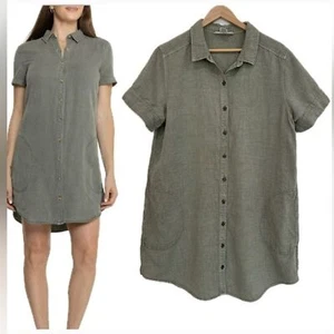 Lucky Brand Size XL Olive Pocket Shirt Dress Linen Lyocell Blend Short Sleeve - Picture 1 of 9