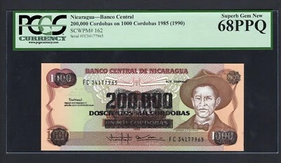 Nicaragua 200000 Cordobas on 1000 Cordobas1985(1990) P162 Uncirculated Graded 68 - Image 1 of 2