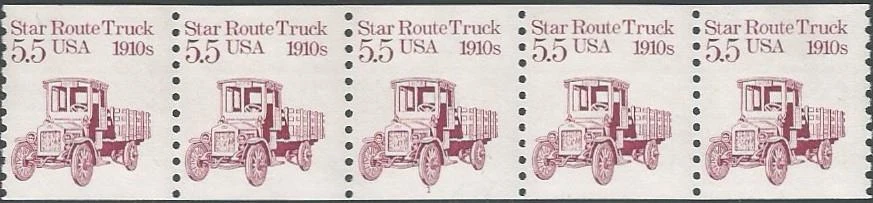 Coil strip of 5 stamps - Scott 2125 - 5.5 cent - Star Route Truck - 1986 - MNH - Image 1 of 1