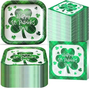 100 Pcs St Patrick'S Day Paper Plates and Napkins Includes 8.54'' Shamrock Plaid - Picture 1 of 12