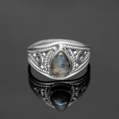925 Sterling Silver Labradorite GENUINE Ring Handmade Pear Shape Jewelry - Image 1 of 4