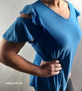 Susan Graver Top Women Shirt 1X Blue 2 Ways Cold Shoulder Peeky Sexy Blouse - Picture 1 of 16