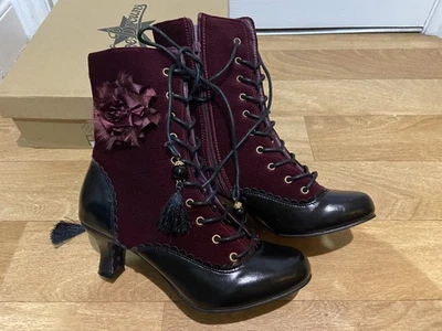 Joe Browns Red velvet and Black patent Victorian Style Boots Size 7 VGC  - Image 1 of 4