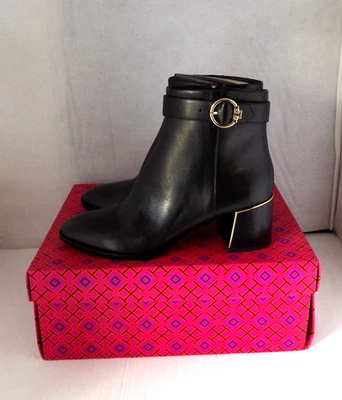 Nuevo en caja Auténtico TORY BURCH SOFIA 60 MM Negro Cuero de becerro Vestido Botín Talla 9 M Foto 1 de 4