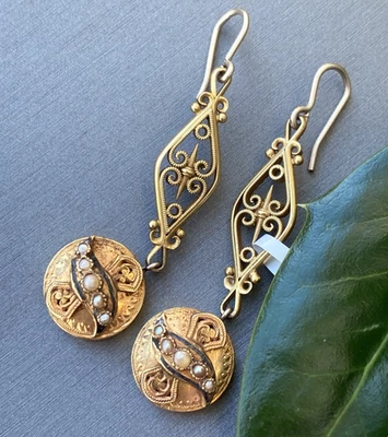 Antique Vintage Earrings 14K Gold Seed Pearl Enamel Estate Fine Jewelry Victoria - Image 1 of 4