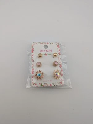 Bloom Earring Set 3 Pairs Gold Tone Pink Stone Studs Sun Motif Opal Womens NEW - Image 1 of 2