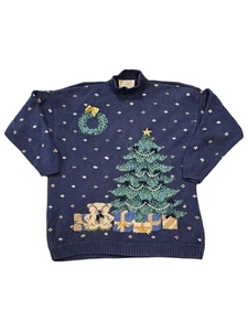 Marisa Christina Christmas Sweater XL 1995 Tree Wreath Beaded Embellished Blue - Picture 1 of 13