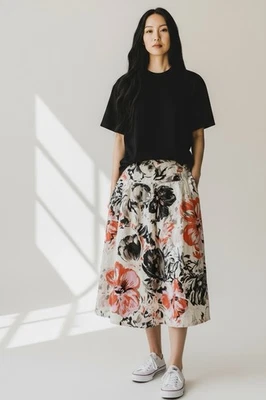 Linen A-line Full Skirt By Yarn & Stitches Orange & Black Floral Size 14 - Image 1 of 4