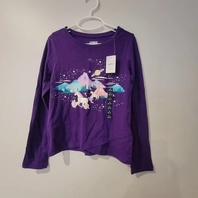 Lands' End Magical Unicorn Purple Graphic Long Sleeve Tee Girls Size S 6/7 NWT - Image 1 of 4