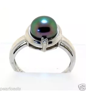 Anello con perle coltivate d'acqua dolce nere 8-8,5 mm con diamante; oro bianco 14 carati; misura 7 - Foto 1 di 2