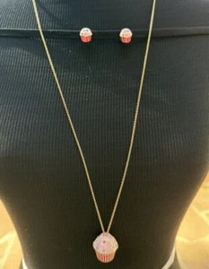 Kate Spade Jeweled Pink Cupcake Charm Long Gold Chain Necklace & Earrings SET - Picture 1 of 19