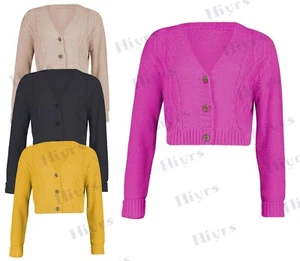 Damen Grobstrick Cardigan Mit 3 Knöpfen Lange Ärmel Kurzes Crop Top 8-22 - Bild 1 von 11