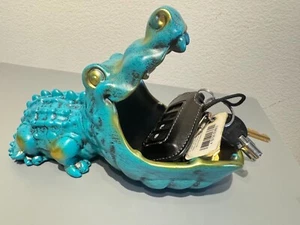 Turquoise and Gold Crocodile Storage Bowl - Unique Candy Dish or Key Holder - Picture 1 of 8