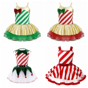 Kids Girls Christmas Dance Costume Stripes Mesh Tutu Dress Ice Skating Leotard - Picture 1 of 39