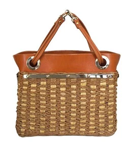 OSCAR DE LA RENTA Tasche Camel Lederbesatz Naturstroh - Bild 1 von 5