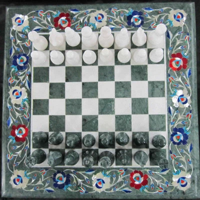 18" Chess Board Green Marble inlaid Game Table Top home and garden decor - Image 1 of 2