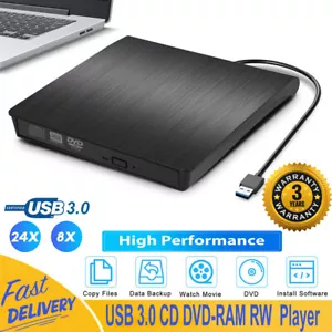 Slim External CD DVD Drive USB 3.0 Disc Player Burner Writer For Laptop PC Mac - Picture 1 of 12