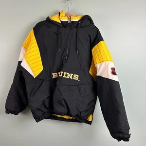 Vintage Boston Bruins Starter Puffer Jacket Pullover 1/4 Zip Black NHL LG Hooded - Picture 1 of 12