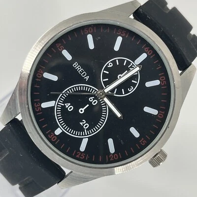 Large Dial BREDA Men's Watch Black Dial Black Silicone Band NEW BATTERY RUNS! - Image 1 of 4