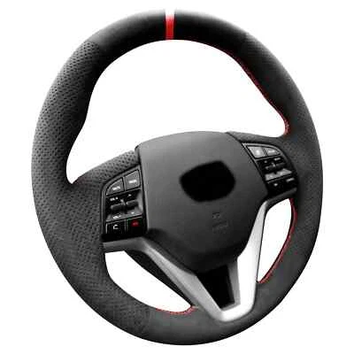 Cubierta de volante Alcantara puntada a mano para Hyundai Tucson 2016-23 rosca roja Foto 1 de 4