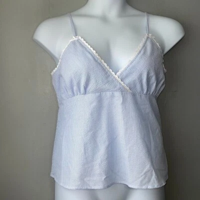 Seersucker Size XL Blue Stripe Babydoll Top Y2K Cami Pastel Coquette Romantic - Imagem 1 de 4