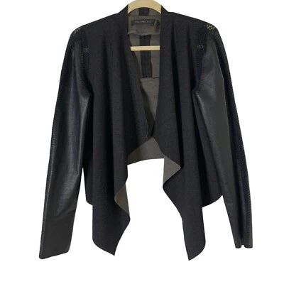 Chaqueta asimétrica Stella & Jamie para mujer mediana negra ribete de cuero frente abierto Foto 1 de 4