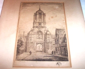 Grabado antiguo: Tom Tower - Campanario gótico del siglo XVII en Oxford Inglaterra - Imagen 1 de 10