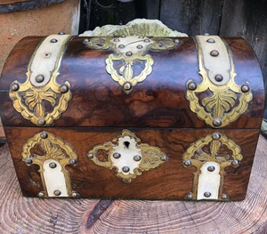 Antique Victorian walnut tea caddy gothic dome top brass straps glass bowl lined - Picture 1 of 24