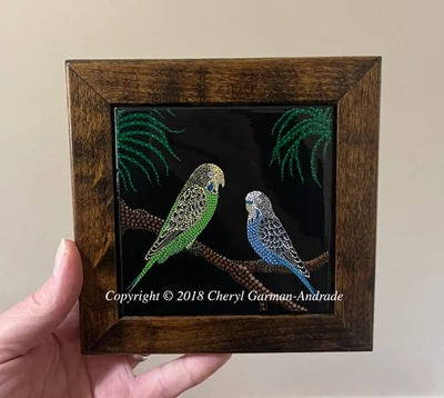 Budgies in a Dragon Tree Pointillism Ceramic Tile by Cheryl Garman-Andrade - Изображение 1 из 2