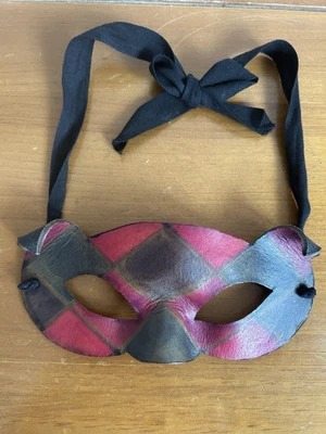 Vintage Ca Macana Venetian Mask Red Black Check Ribbon Tie LeatherHandmade Italy - Image 1 of 4