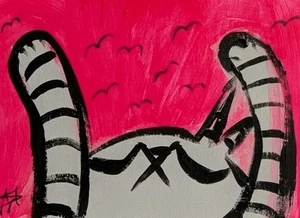 Original ACEO Cat Bird Painting Collectible Sunset Art Card By Samantha McLean - Picture 1 of 1