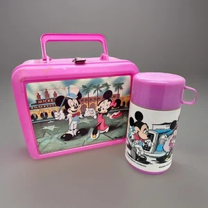 VNTG Mickey & Minnie Mouse Aladdin Pink Lunch Box Plastic With Original Thermos - Picture 1 of 14